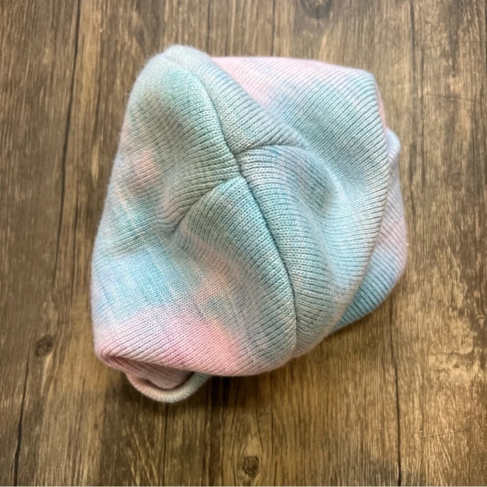 Tie Dye Pink Blue Beanie Cuffed Knitted Hat Winter Snow Holiday One Size